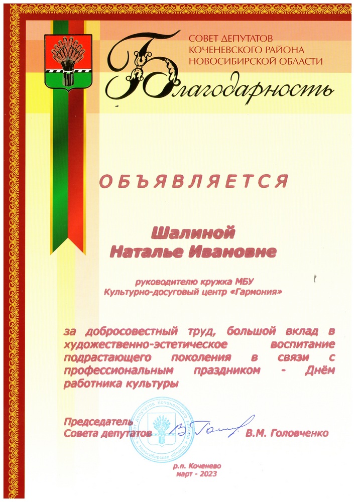 Благодарность Совета депутатов Шалина 2023 